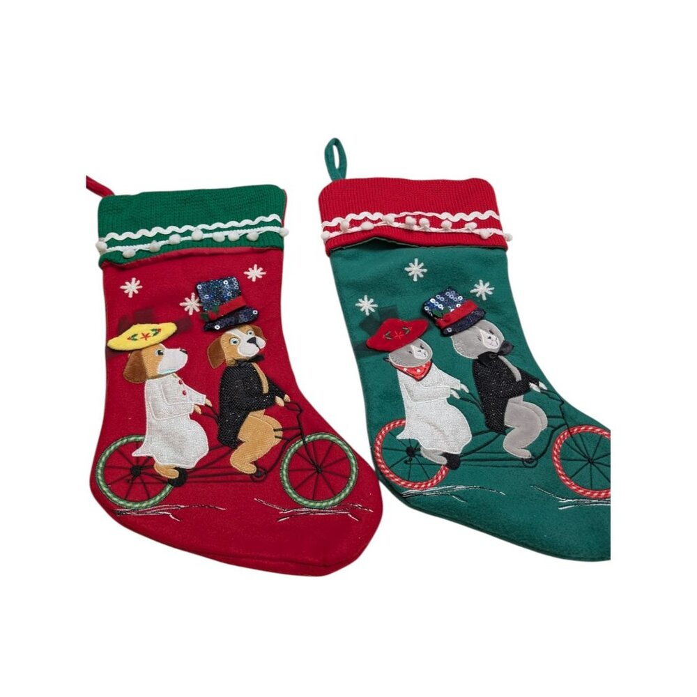 Chrstimas Stocking Dog and Cats on tanden bike textured pet stocking fleece 17"